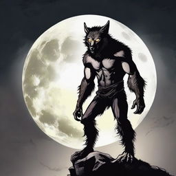 A man on the precipice of transformation into a werewolf, eyes locked onto the glowing moon