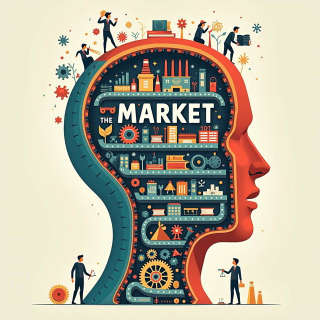Create a striking book cover for 'Mind to Market - Why Active Participation in the Knowledge Economy Matters for All' featuring a giant human head split open like an architectural cross-section