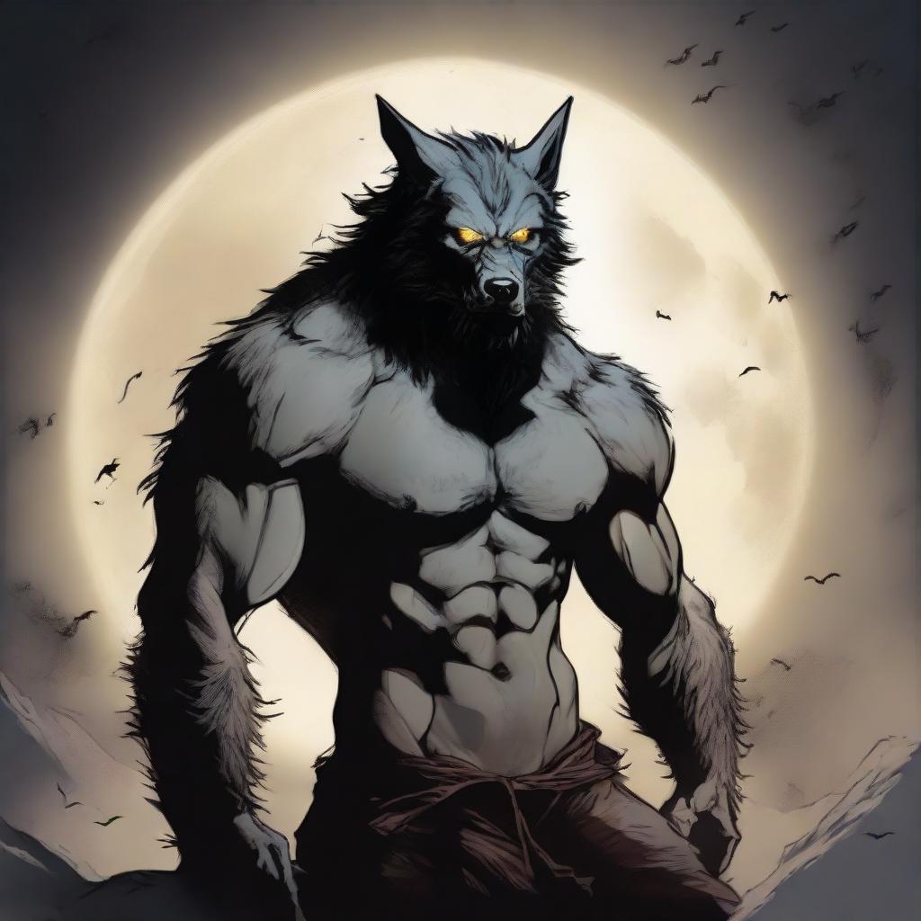 A man on the precipice of transformation into a werewolf, eyes locked onto the glowing moon