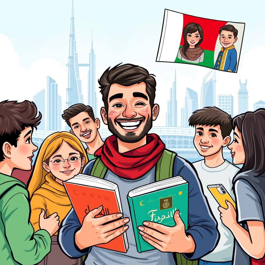 A vibrant and lively illustration of Farid, an Arabic language teacher for foreign students at an international school in Dubai