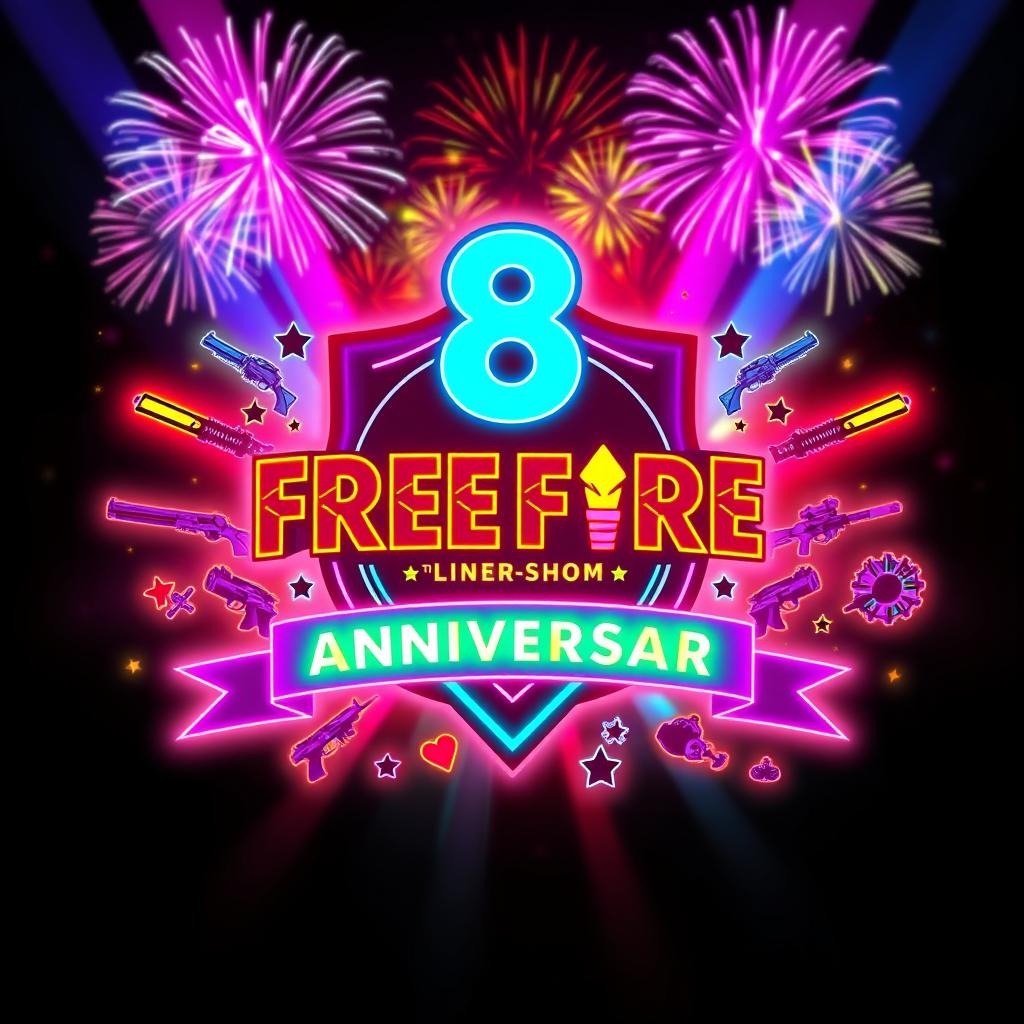 A vibrant and dynamic Free Fire 8th Anniversary glow wall design featuring elements of celebration and gaming