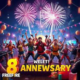 A vibrant and exciting celebration scene for the 8th anniversary of Freefire, showcasing players in dynamic action poses wearing colorful, themed outfits with festive decorations around them