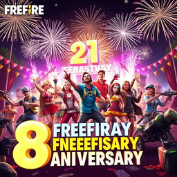 A vibrant and exciting celebration scene for the 8th anniversary of Freefire, showcasing players in dynamic action poses wearing colorful, themed outfits with festive decorations around them