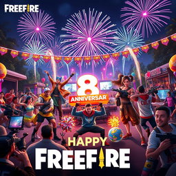 A vibrant and exciting celebration scene for the 8th anniversary of Freefire, showcasing players in dynamic action poses wearing colorful, themed outfits with festive decorations around them
