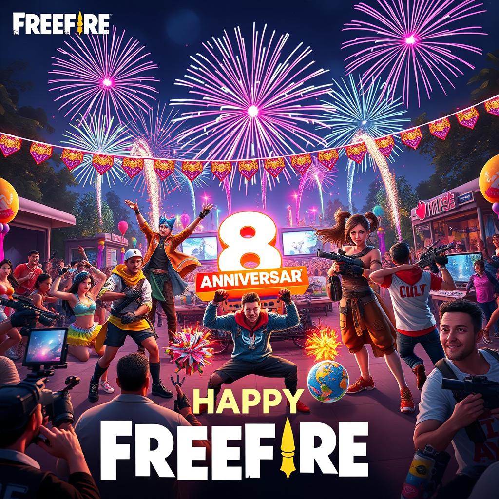 A vibrant and exciting celebration scene for the 8th anniversary of Freefire, showcasing players in dynamic action poses wearing colorful, themed outfits with festive decorations around them