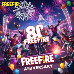 A vibrant and exciting celebration scene for the 8th anniversary of Freefire, showcasing players in dynamic action poses wearing colorful, themed outfits with festive decorations around them