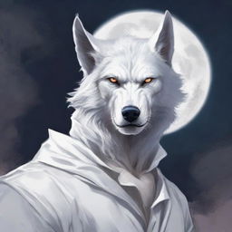 A man on the verge of transformation into a white werewolf, his gaze fixated on the lustrous moon