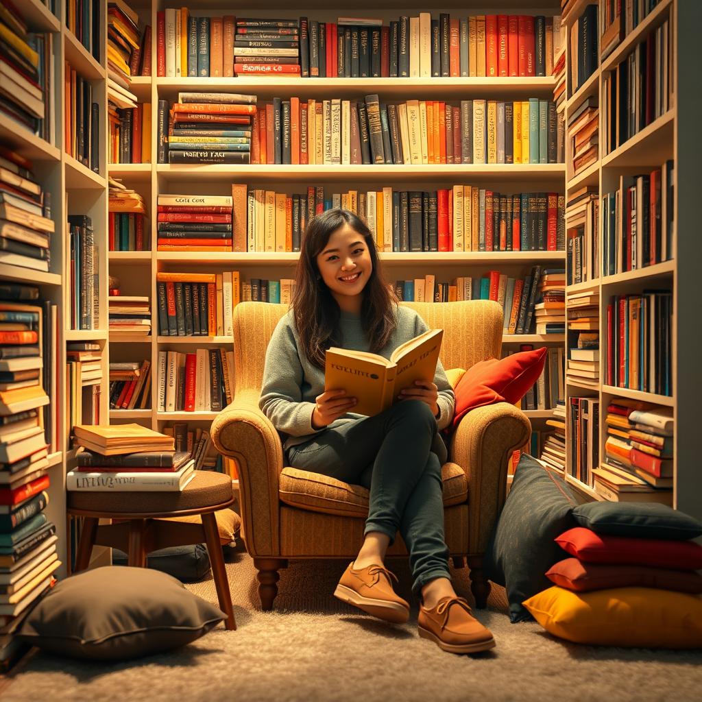 A cozy portrait of a person sitting in a welcoming reading nook surrounded by shelves filled with colorful books