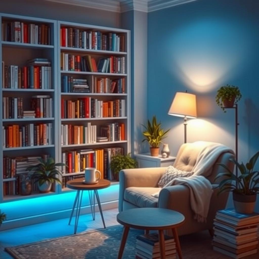 A cozy reading nook with a bluish ambient lighting, featuring a comfy armchair surrounded by shelves filled with books