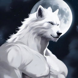 A man on the verge of transformation into a white werewolf, his gaze fixated on the lustrous moon