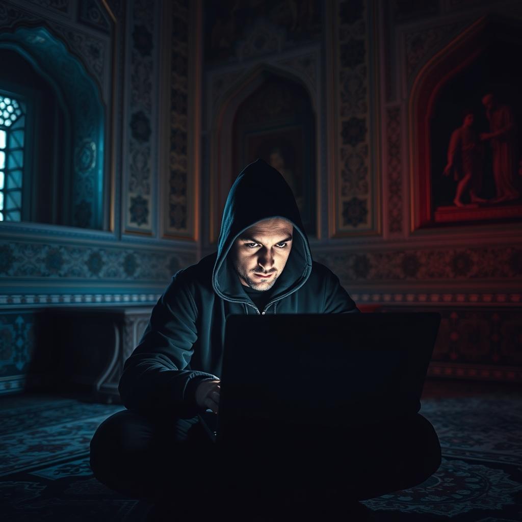 A mysterious hacker sitting in a dimly lit room, in Isfahan, Iran, surrounded by classic Iranian architecture, featuring intricate tile work and ornate patterns
