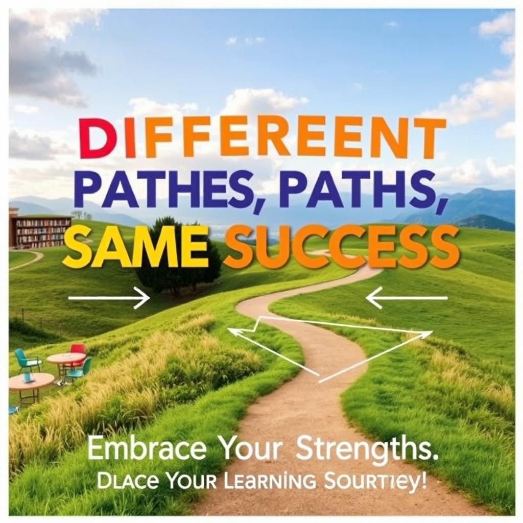 A motivational poster featuring the title 'Different Paths, Same Success: Embrace Your Learning Strengths'