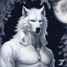 A man on the verge of transformation into a white werewolf, his gaze fixated on the lustrous moon