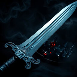 A captivating dark theme aesthetic artwork featuring a majestic sword, its blade glistening ominously in a dimly lit setting