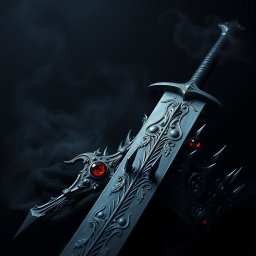 A captivating dark theme aesthetic artwork featuring a majestic sword, its blade glistening ominously in a dimly lit setting