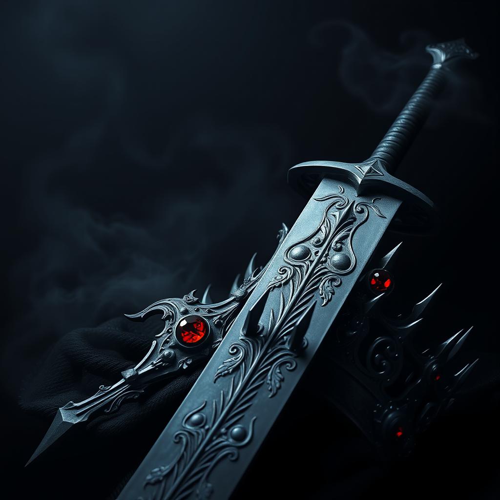 A captivating dark theme aesthetic artwork featuring a majestic sword, its blade glistening ominously in a dimly lit setting