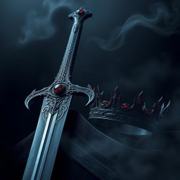 A captivating dark theme aesthetic artwork featuring a majestic sword, its blade glistening ominously in a dimly lit setting