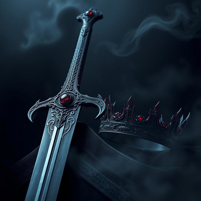 A captivating dark theme aesthetic artwork featuring a majestic sword, its blade glistening ominously in a dimly lit setting