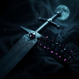 An evocative dark theme aesthetic artwork showcasing a formidable sword and an elegant crown, intertwined in a scene that radiates mystery