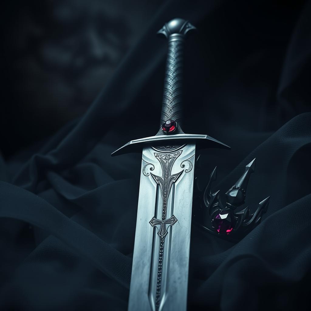 An evocative dark theme aesthetic artwork showcasing a formidable sword and an elegant crown, intertwined in a scene that radiates mystery