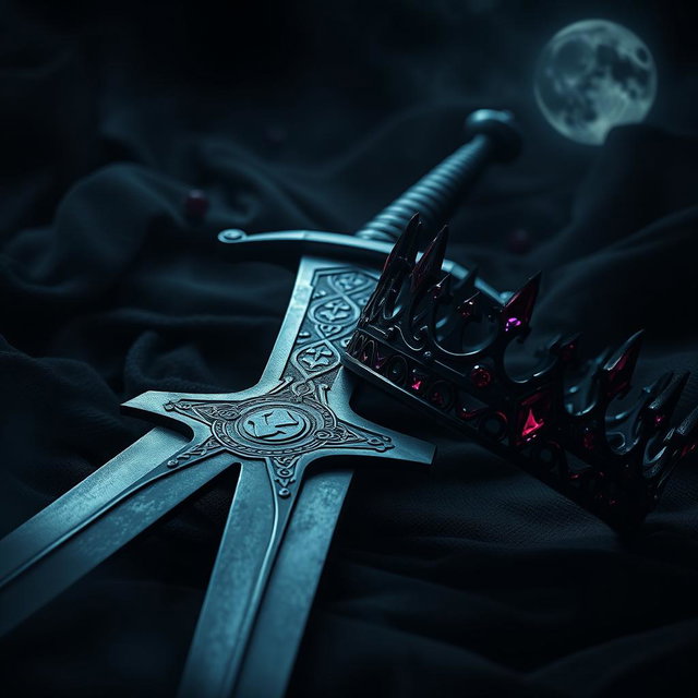 An evocative dark theme aesthetic artwork showcasing a formidable sword and an elegant crown, intertwined in a scene that radiates mystery