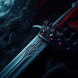 An evocative dark theme aesthetic artwork showcasing a formidable sword and an elegant crown, intertwined in a scene that radiates mystery
