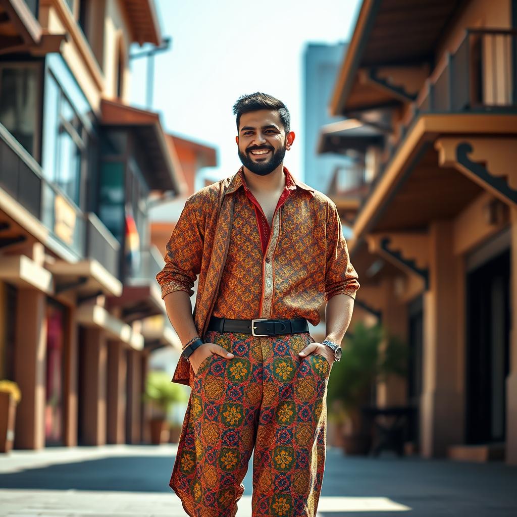 A stylish man named Kevin wearing Kurdish trousers, exuding confidence and cultural pride