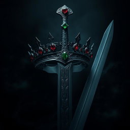 A visually striking artwork showcasing a sword and a crown, enveloped in a dark aesthetic