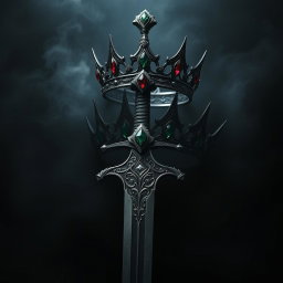 A visually striking artwork showcasing a sword and a crown, enveloped in a dark aesthetic