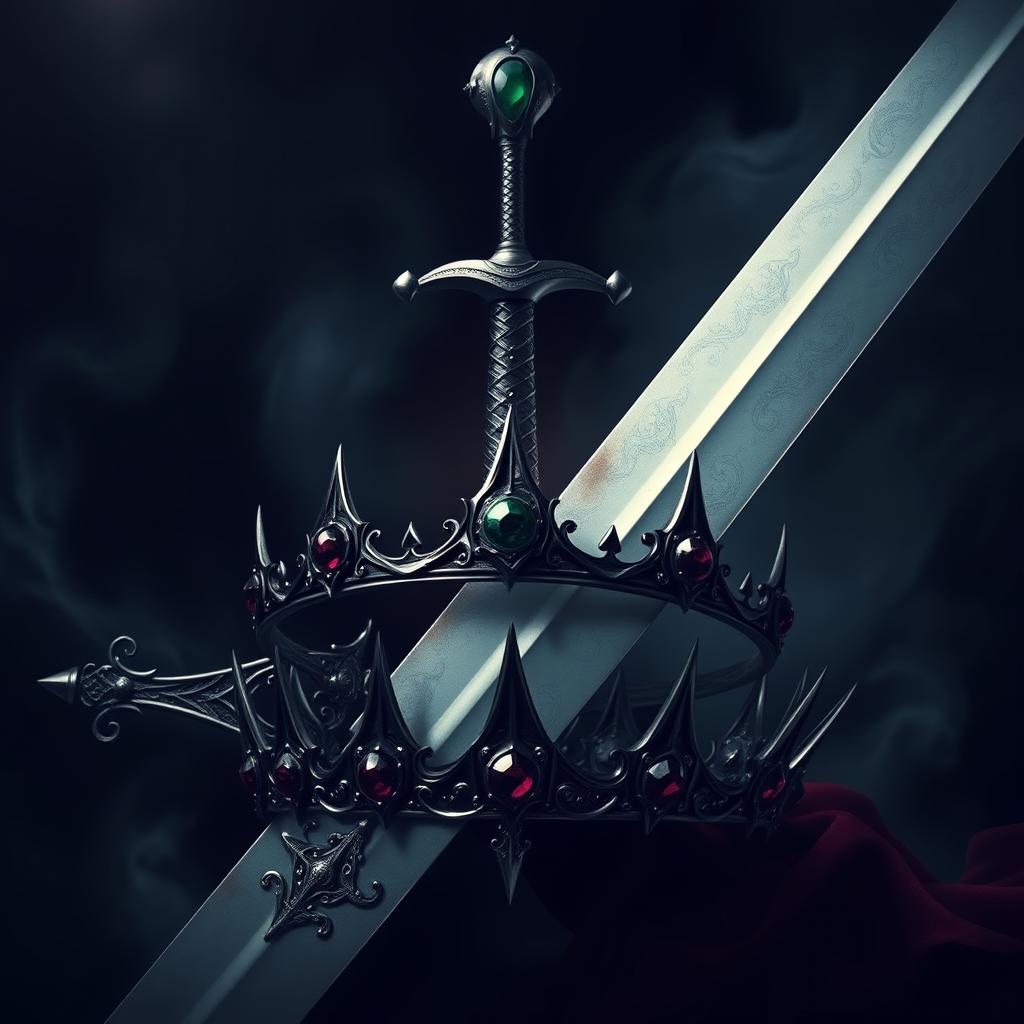 A visually striking artwork showcasing a sword and a crown, enveloped in a dark aesthetic