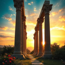 A visually striking image featuring a series of tall, majestic columns rising into the sky, showcasing intricate carvings and ornate details