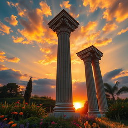 A visually striking image featuring a series of tall, majestic columns rising into the sky, showcasing intricate carvings and ornate details