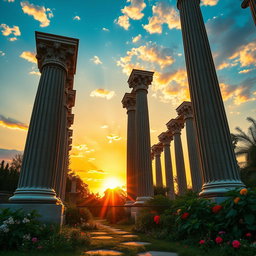 A visually striking image featuring a series of tall, majestic columns rising into the sky, showcasing intricate carvings and ornate details