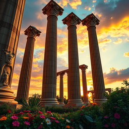 A visually striking image featuring a series of tall, majestic columns rising into the sky, showcasing intricate carvings and ornate details