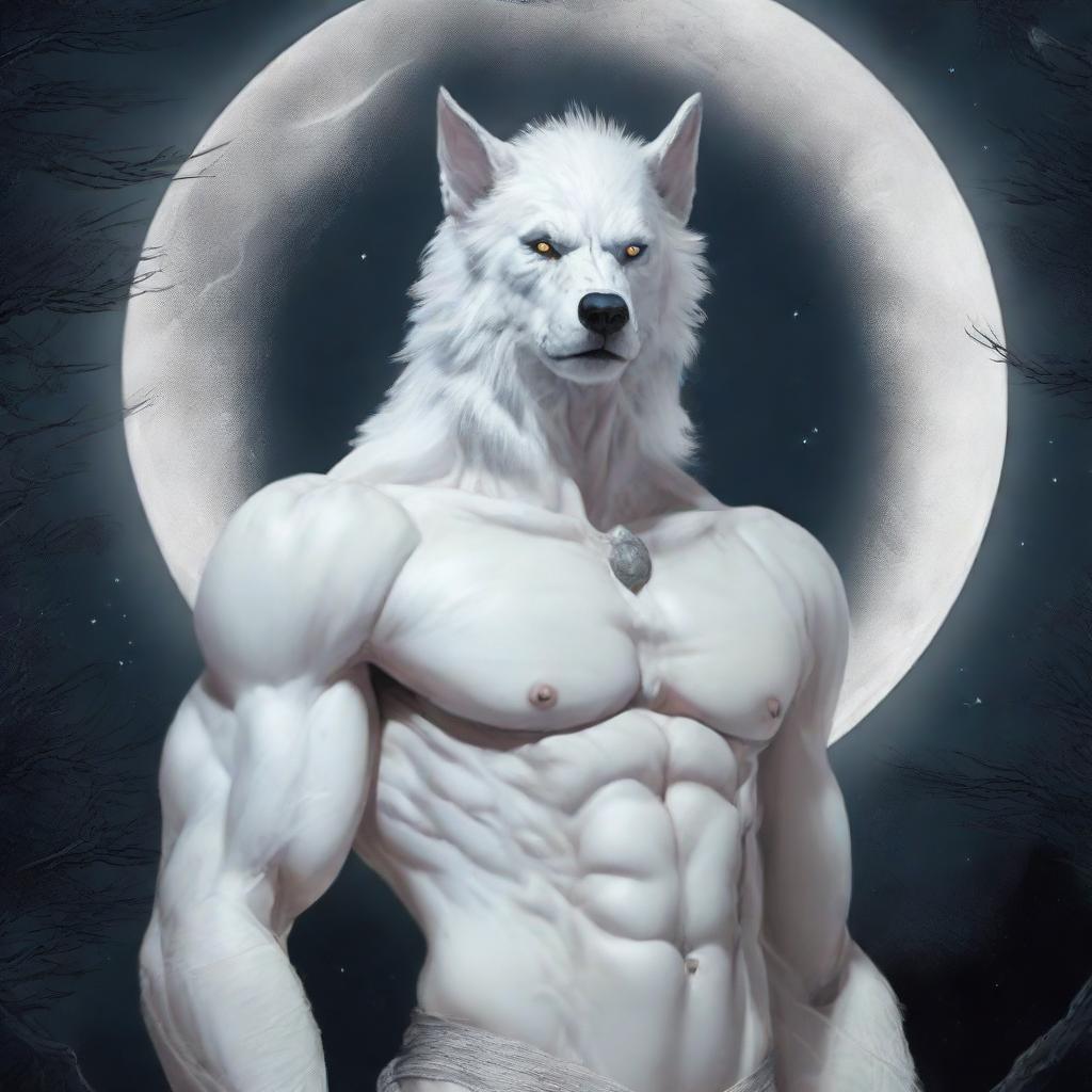 A man on the verge of transformation into a white werewolf, his gaze fixated on the lustrous moon