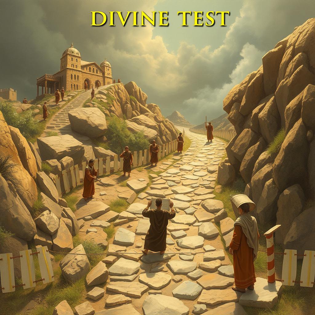 An artistic depiction of a divine test, illustrating a challenging and winding path symbolizing life's obstacles and divine trials