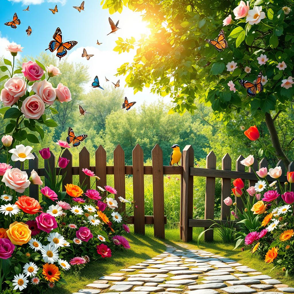 A vibrant garden themed background filled with a variety of blooming flowers such as roses, daisies, and tulips, lush green foliage, butterflies fluttering gracefully, and a serene blue sky overhead