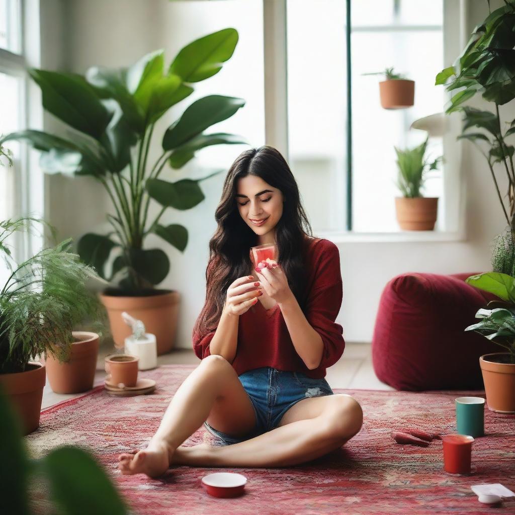 A tall brunette woman comfortably seated on her living room floor, engrossed in painting her nails red, surrounded by a variety of lush indoor plants and sipping on a glass of sangria.