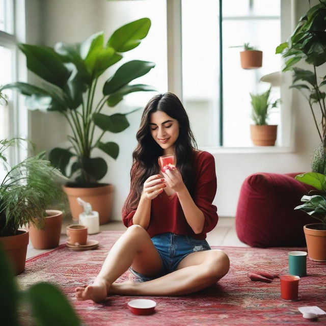 A tall brunette woman comfortably seated on her living room floor, engrossed in painting her nails red, surrounded by a variety of lush indoor plants and sipping on a glass of sangria.