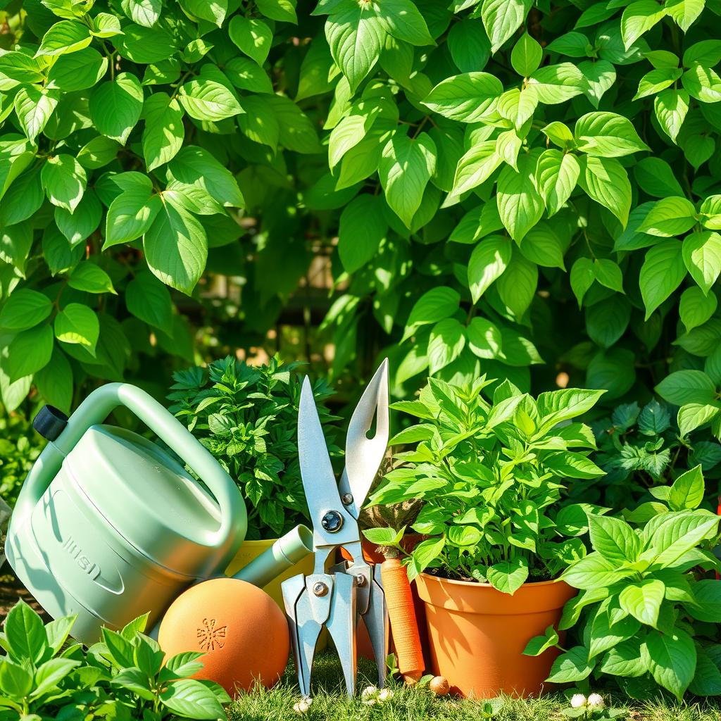 A lush green themed background featuring various plant care tools artfully arranged among healthy, vibrant plants