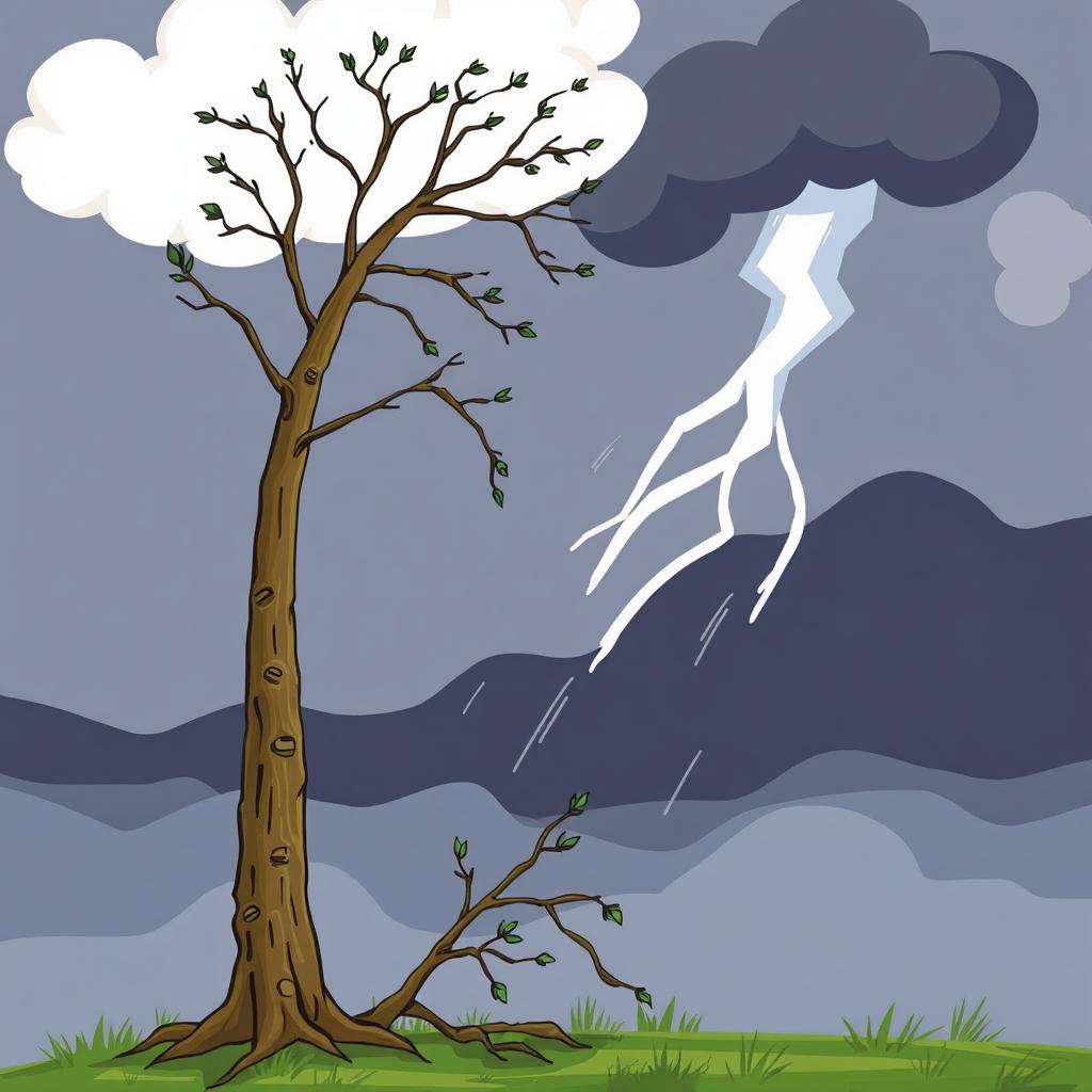 A tall and thin cartoon-style tree with a slender trunk, featuring branches with sparse leaves