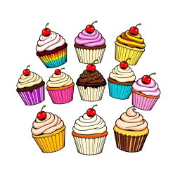 A vibrant and playful T-shirt design featuring an assortment of colorful cupcakes, each uniquely decorated with frosting, sprinkles, and cherry toppings