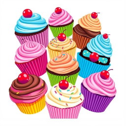 A vibrant and playful T-shirt design featuring an assortment of colorful cupcakes, each uniquely decorated with frosting, sprinkles, and cherry toppings