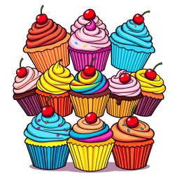 A vibrant and playful T-shirt design featuring an assortment of colorful cupcakes, each uniquely decorated with frosting, sprinkles, and cherry toppings