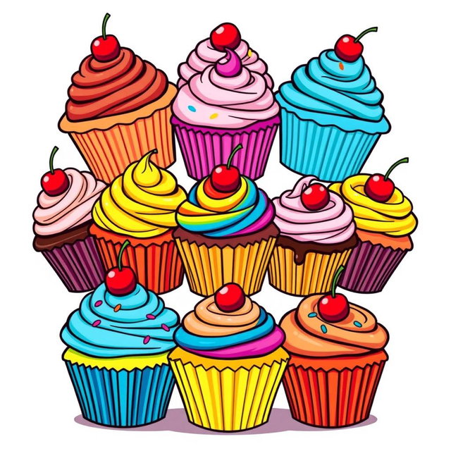A vibrant and playful T-shirt design featuring an assortment of colorful cupcakes, each uniquely decorated with frosting, sprinkles, and cherry toppings