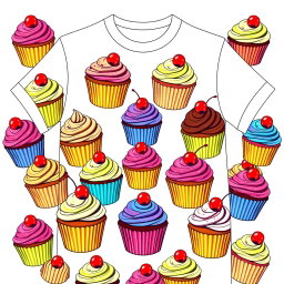A vibrant and playful T-shirt design featuring an assortment of colorful cupcakes, each uniquely decorated with frosting, sprinkles, and cherry toppings