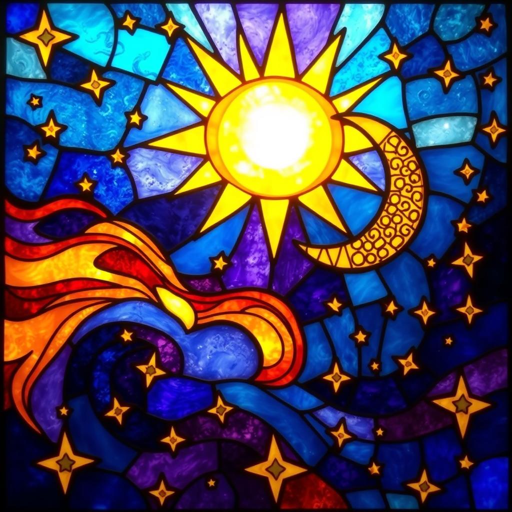 A stunning stained glass artwork featuring a cosmic scene: a radiant sun glowing brightly, a crescent moon intricately designed, and swirling galaxies in deep blues, purples, and fiery oranges