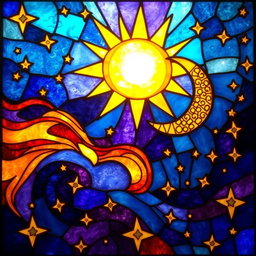 A stunning stained glass artwork featuring a cosmic scene: a radiant sun glowing brightly, a crescent moon intricately designed, and swirling galaxies in deep blues, purples, and fiery oranges