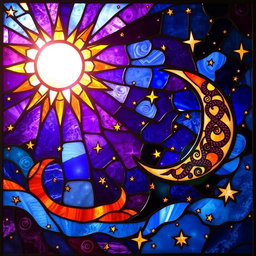 A stunning stained glass artwork featuring a cosmic scene: a radiant sun glowing brightly, a crescent moon intricately designed, and swirling galaxies in deep blues, purples, and fiery oranges