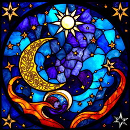 A stunning stained glass artwork featuring a cosmic scene: a radiant sun glowing brightly, a crescent moon intricately designed, and swirling galaxies in deep blues, purples, and fiery oranges